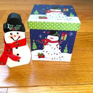Small handmade snowman with a snowman box